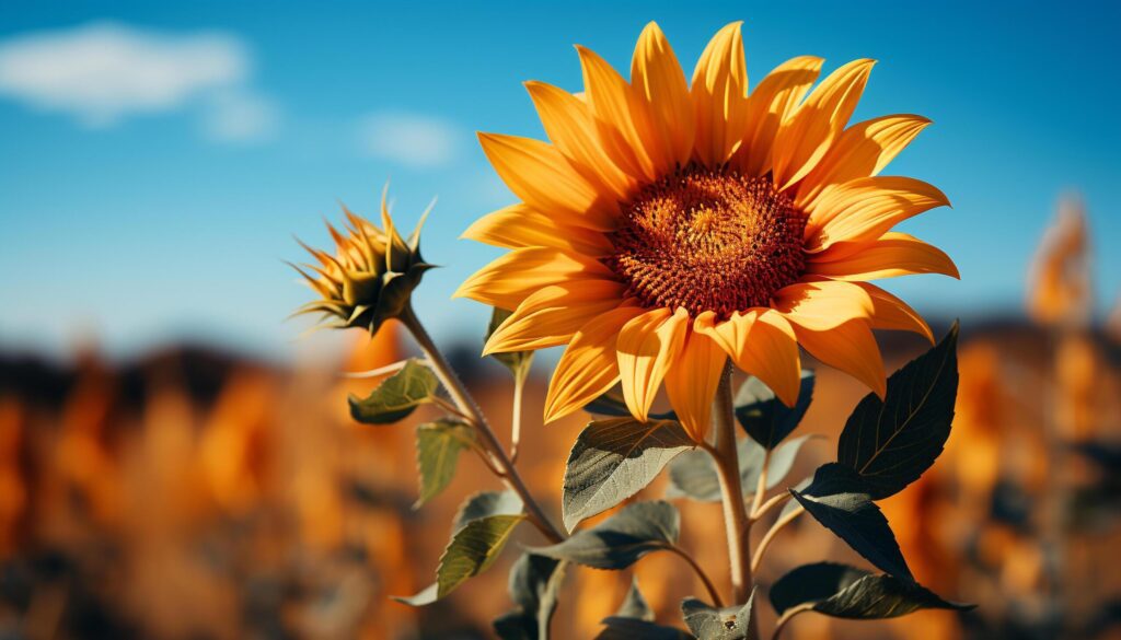 Sunflower, yellow plant, outdoors, summer, leaf, close up, flower generated by AI Free Photo