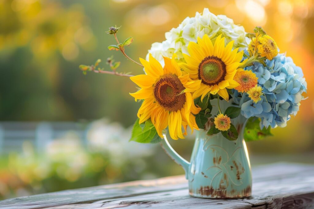 Sunflowers and Hydrangea Outdoor Floral Display Free Photo