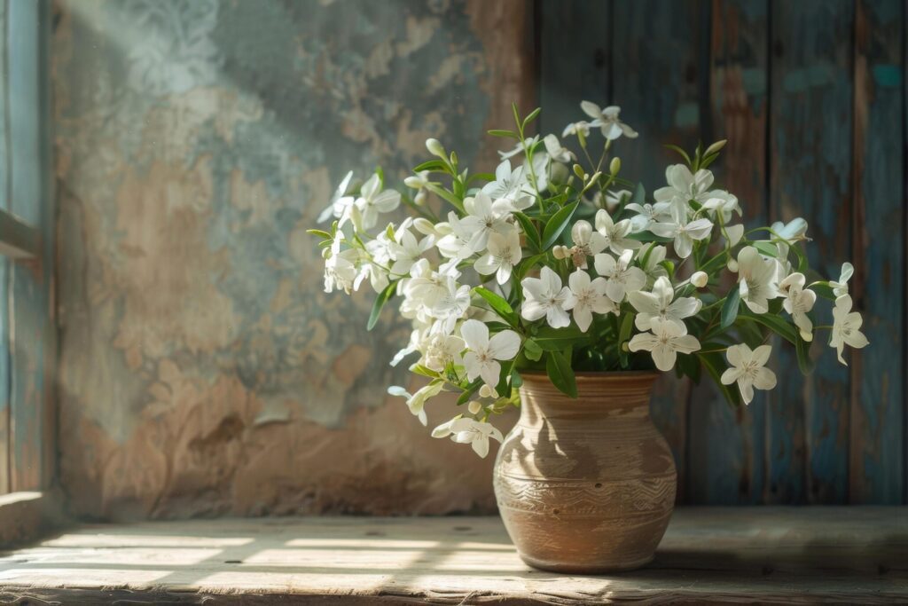 Sunlit Bouquet of Jasmine in a Clay Vase Free Photo