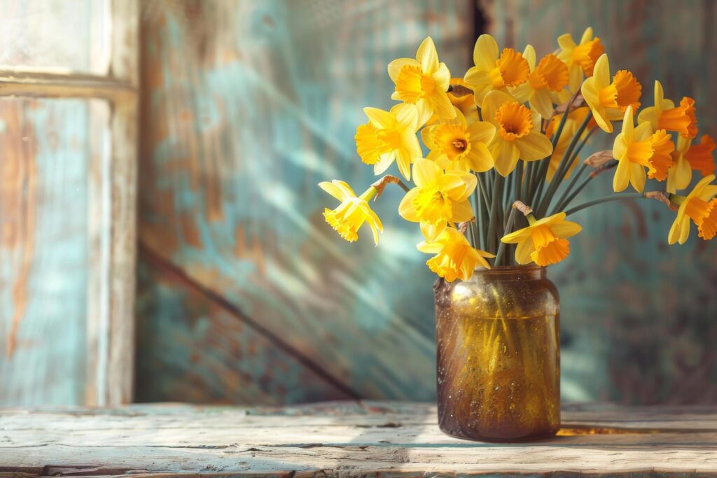 Sunlit Daffodils in an Antique Jar Free Photo