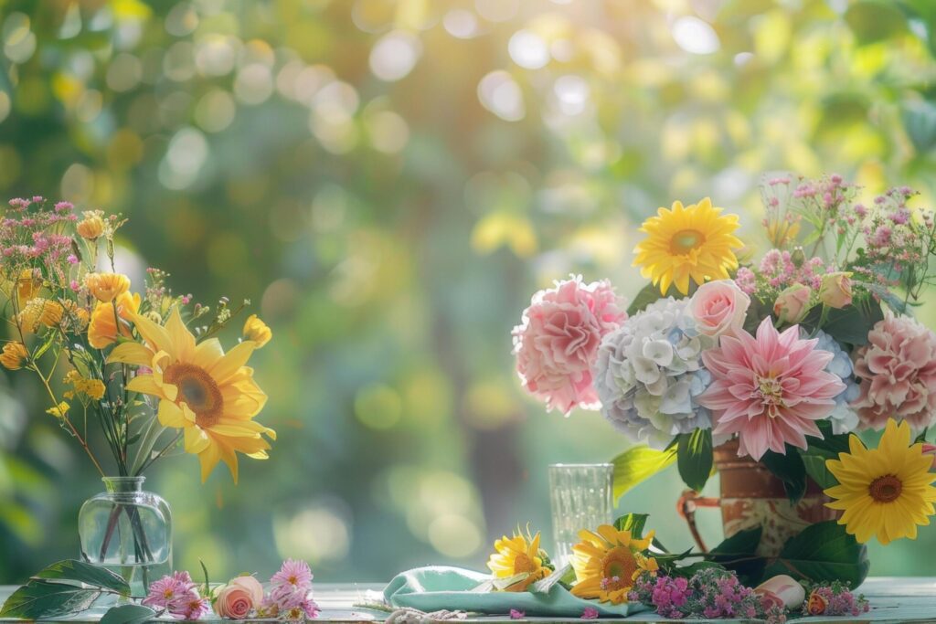 Sunlit Floral Arrangement with Sunflowers and Dahlias Free Photo