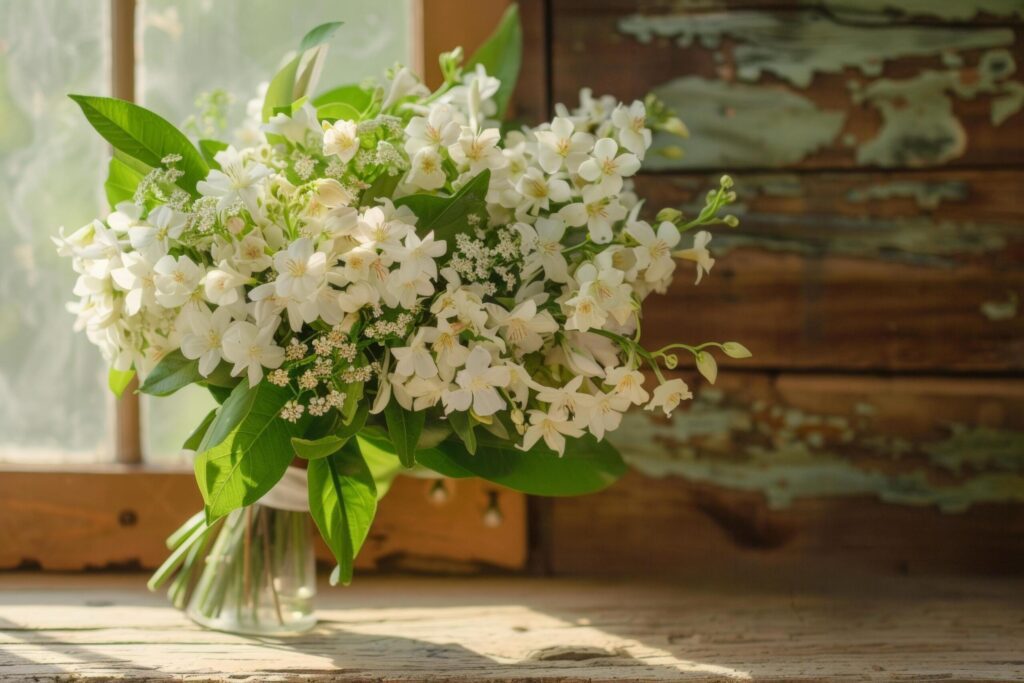 Sunlit Fresh White Blossoms in Glass Vase Free Photo