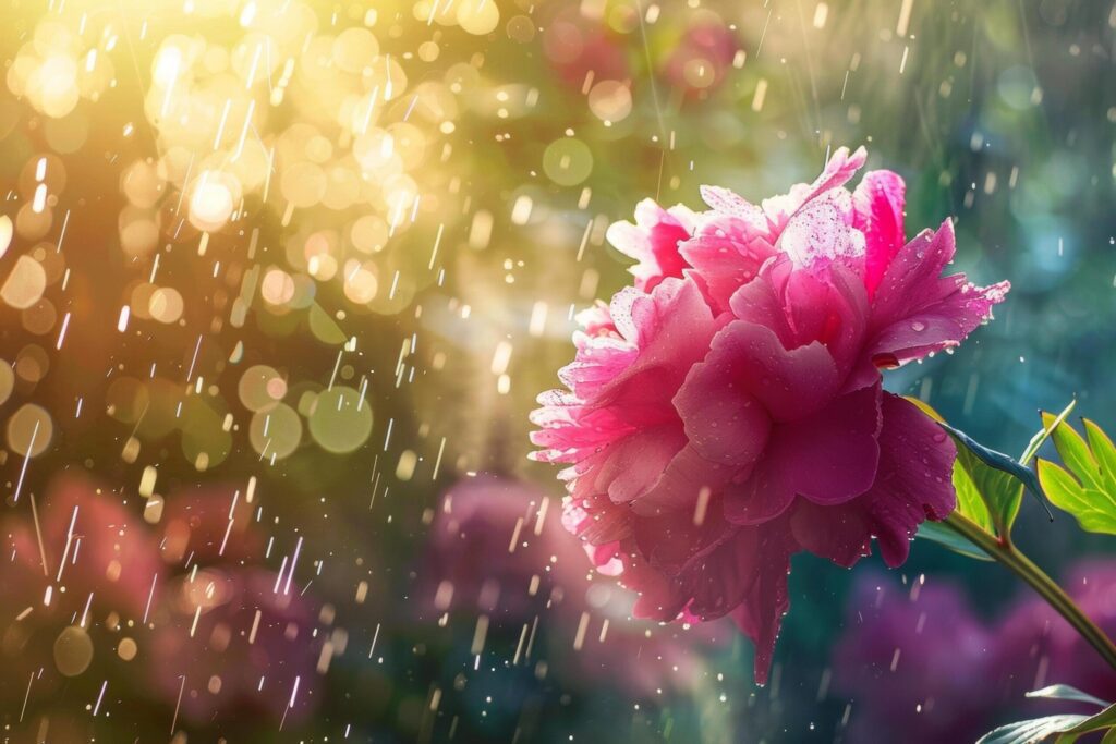 Sunlit Peony in Summer Rain Free Photo