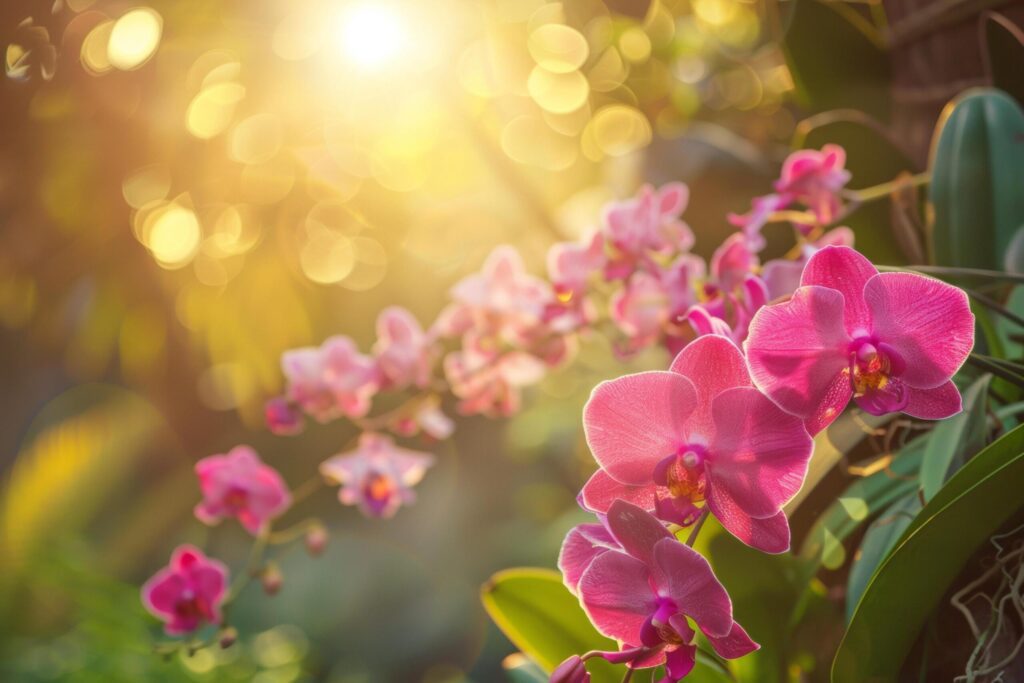 Sunlit Pink Orchids in Lush Garden Free Photo