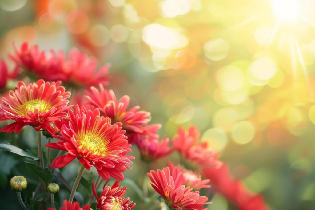 Sunlit Red Chrysanthemums with Soft Bokeh Background Free Photo