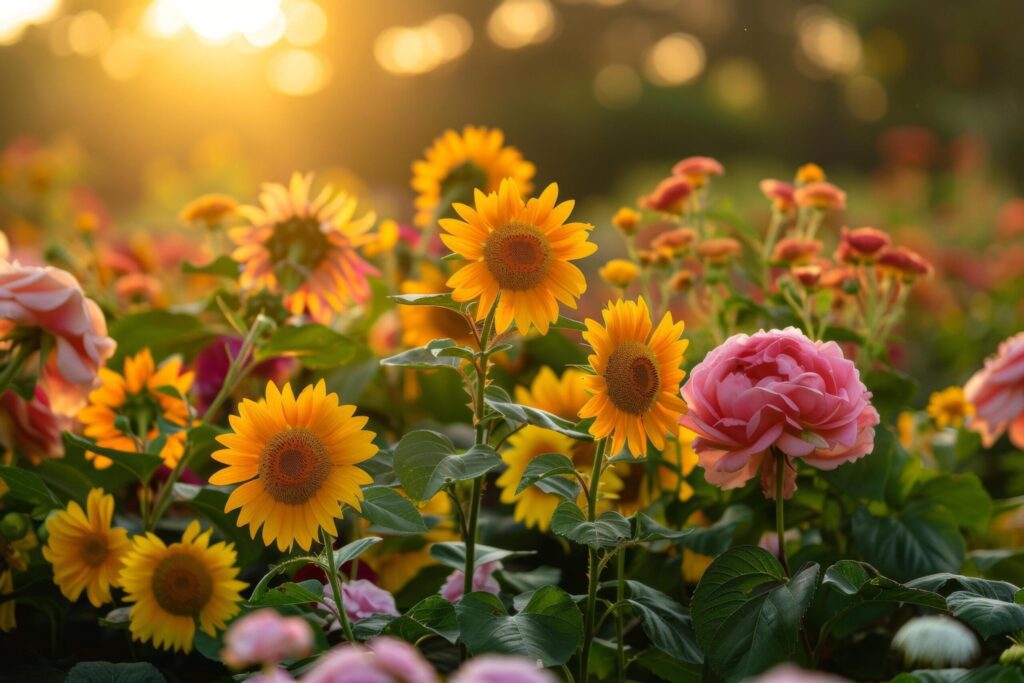 Sunlit Sunflower and Rose Garden at Dusk Free Photo