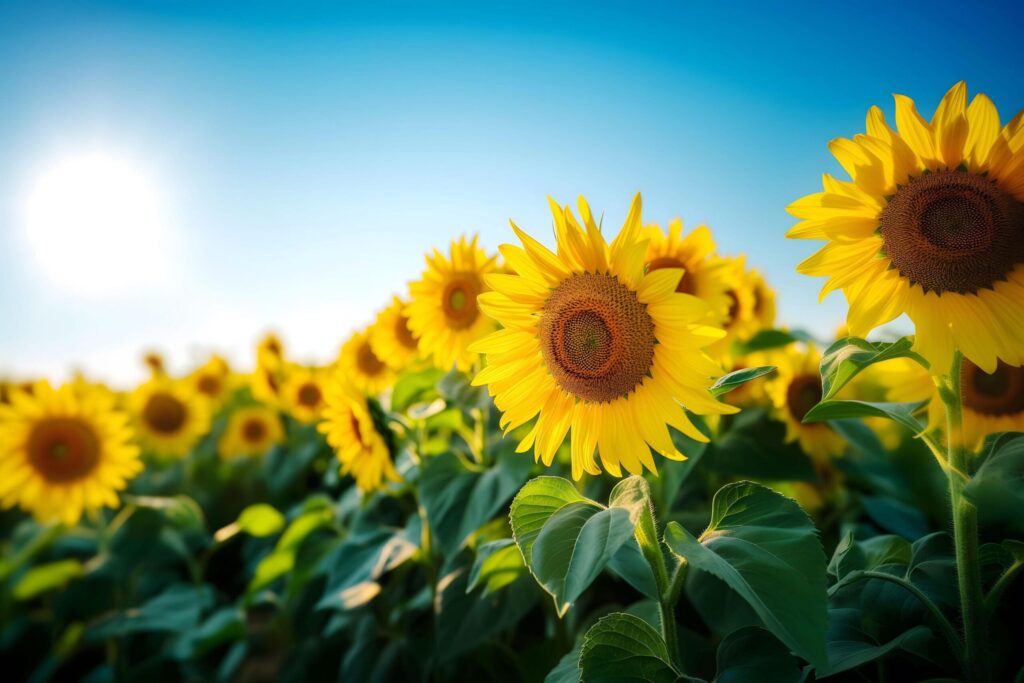 Sunlit Sunflower Field at Daybreak Free Photo