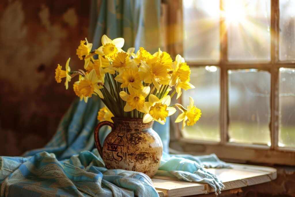 Sunny Daffodils in a Stoneware Pitcher Free Photo