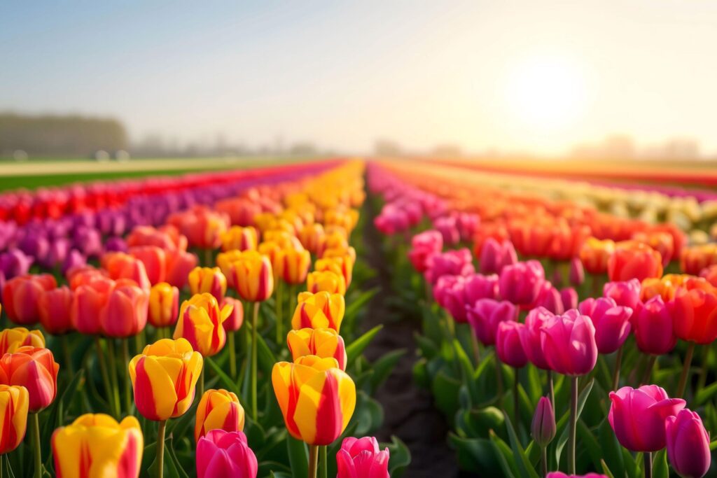 Sunrise Over Vibrant Tulip Rows Free Photo