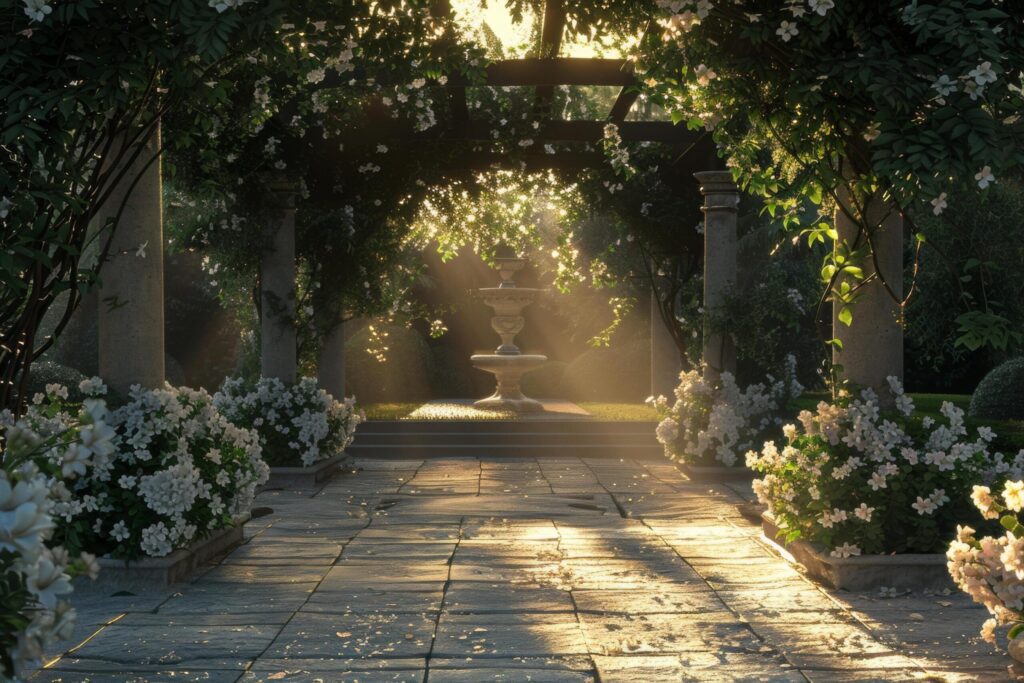 Sunrise Rays in a Serene Garden with Fountain Free Photo