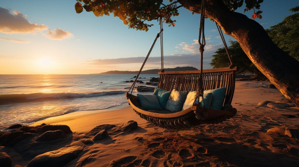 Sunrise, Tropical beach paradise as summer landscape with beach swing or hammock and white sand, calm sea serene beach. Luxury beach vacation summer holiday. Free Photo