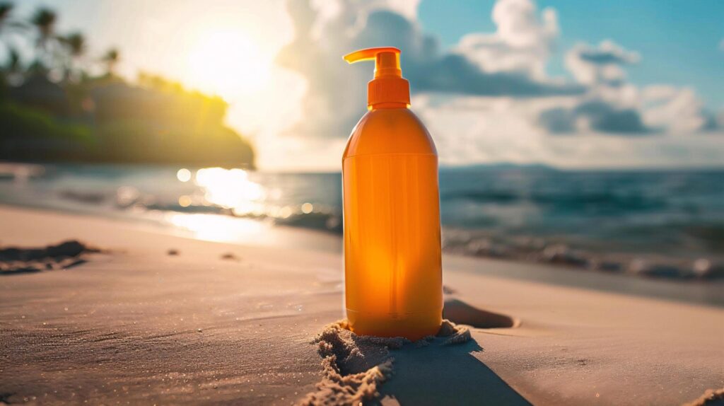 Sunscreen bottle on the beach at sunset time. Sun protection concept Free Photo