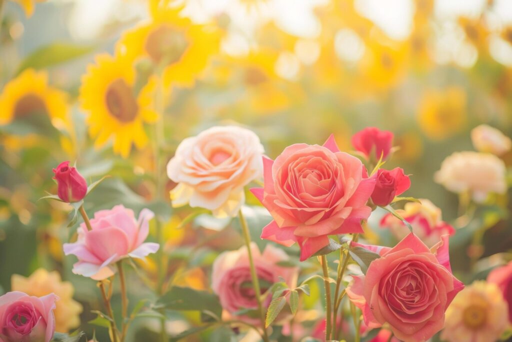 Sunset Glow on Roses and Sunflowers Free Photo