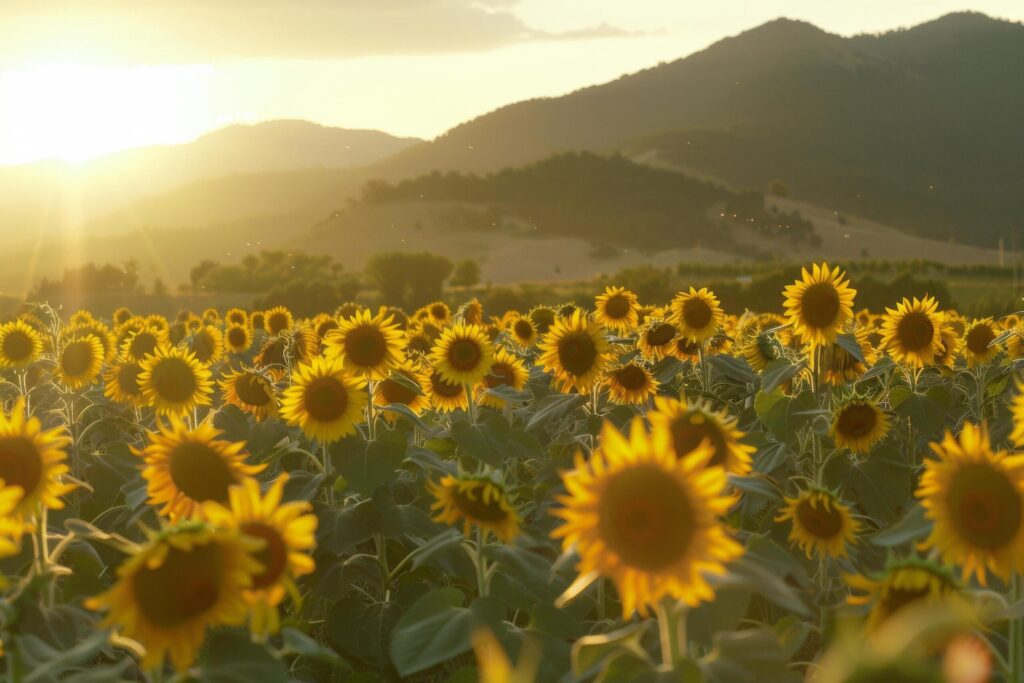 Sunset Glow Over Sunflower Field and Hills Free Photo