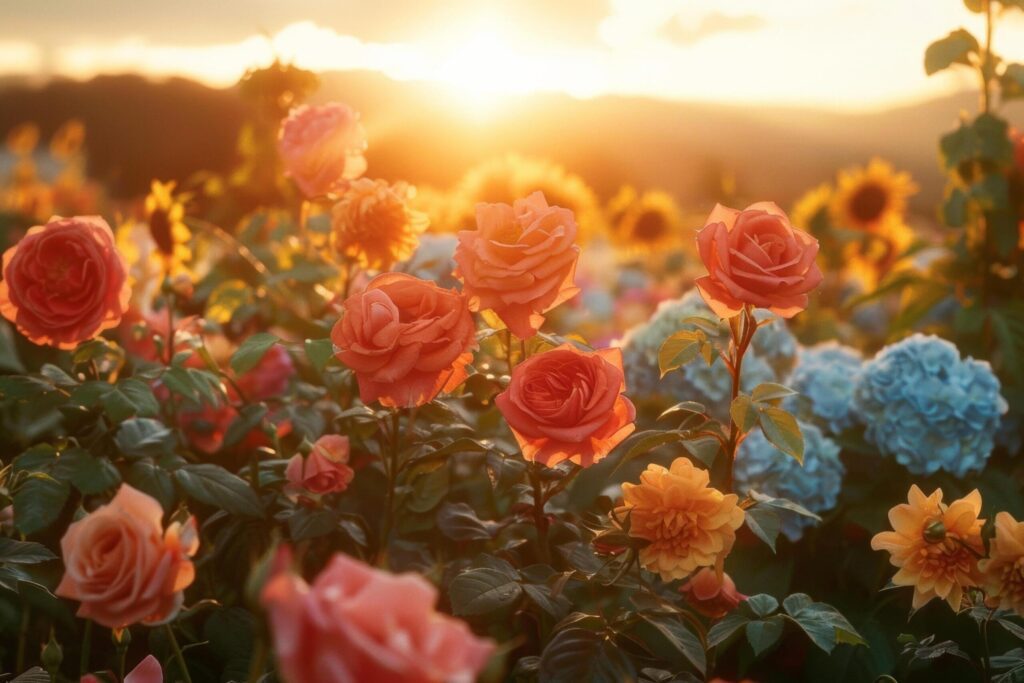 Sunset Glow Over Vibrant Rose Garden Free Photo