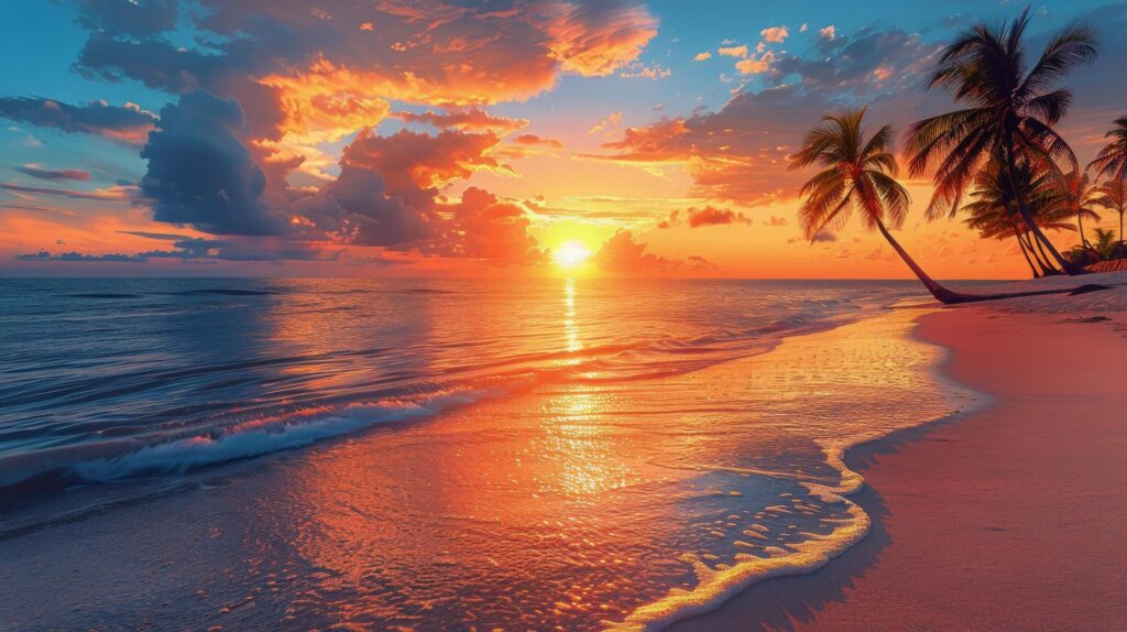 Sunset on Tropical Beach With Palm Trees Free Photo