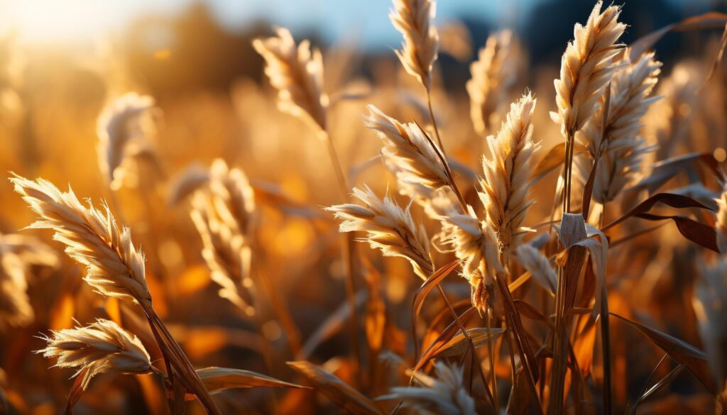 Sunset over a golden wheat field, nature bountiful harvest generated by AI Free Photo