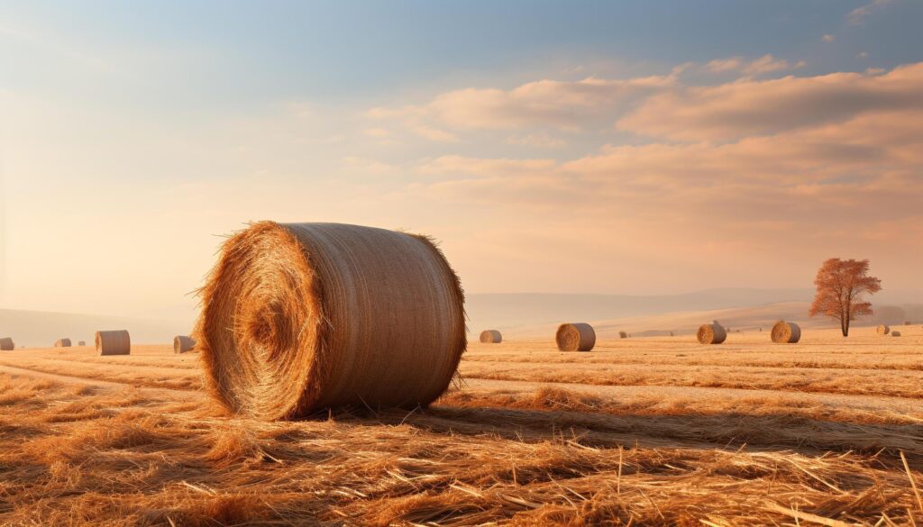 Sunset over a rural farm, golden haystacks in meadows generated by AI Free Photo