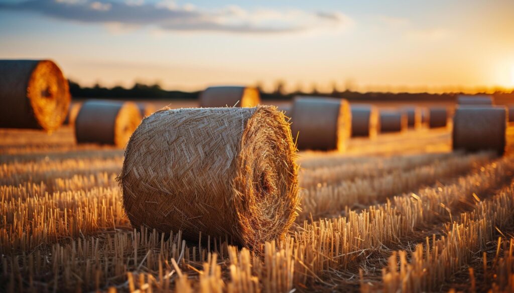 Sunset over a rural farm, golden wheat harvested in meadows generated by AI Free Photo