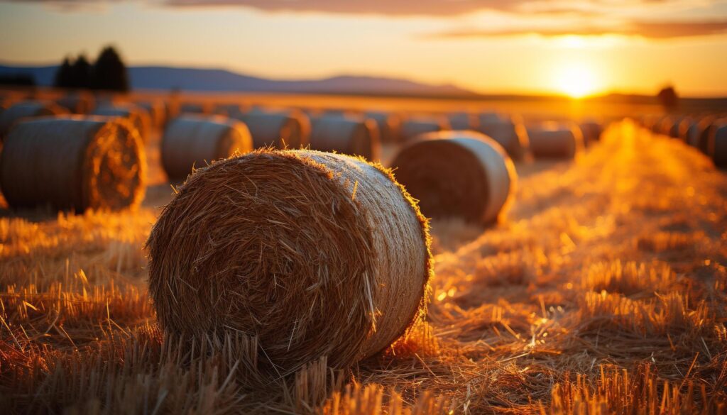 Sunset over a rural farm, golden wheat harvested outdoors generated by AI Free Photo