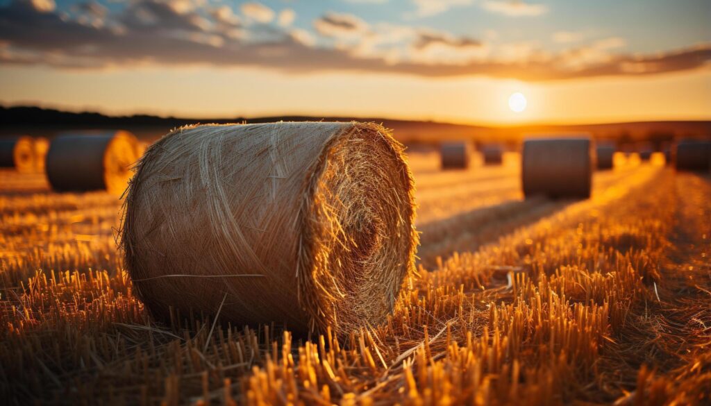 Sunset over a rural farm, golden wheat harvested under blue sky generated by AI Free Photo