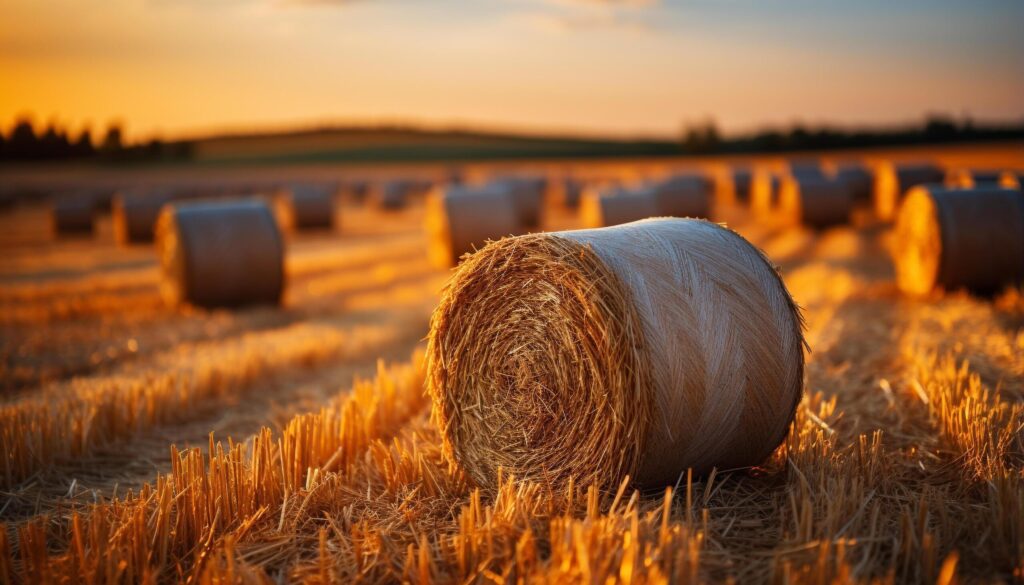 Sunset over a rural farm, meadow golden with harvested wheat generated by AI Free Photo