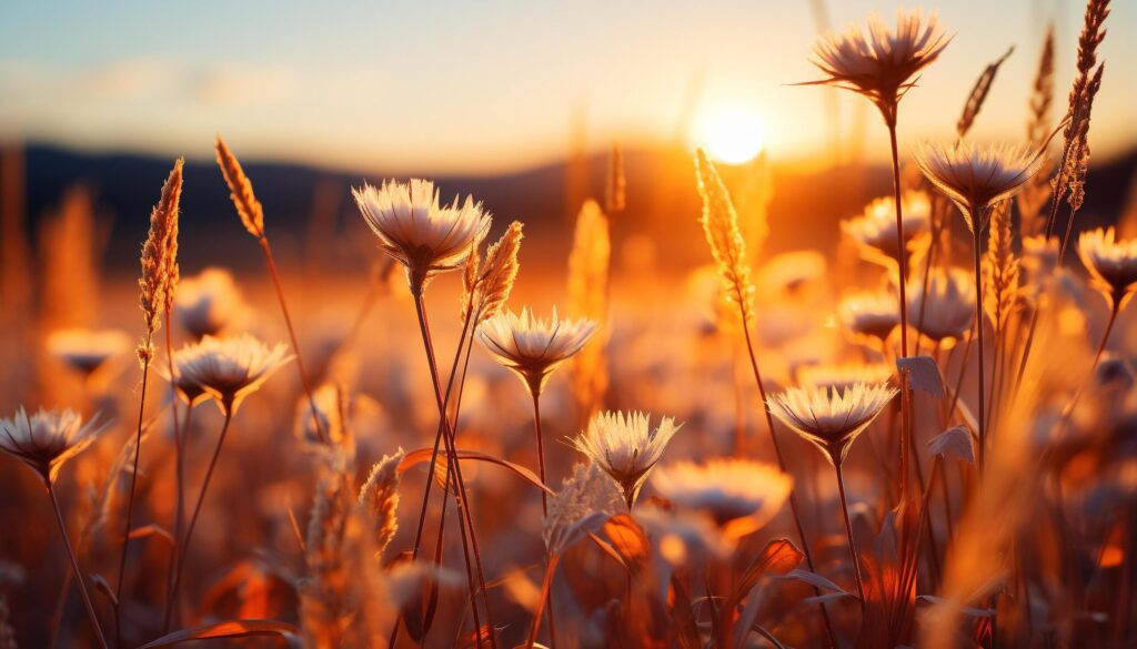 Sunset over meadow, nature beauty in a vibrant dusk generated by AI Free Photo