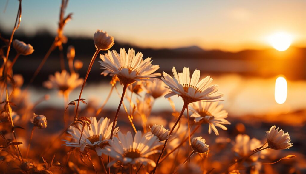 Sunset over meadow, vibrant daisy blossoms in nature beauty generated by AI Free Photo