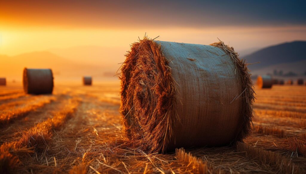 Sunset over rural farm, golden haystacks roll in meadow generated by AI Free Photo