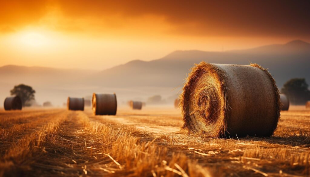 Sunset over rural farm, golden wheat harvested in meadow generated by AI Free Photo