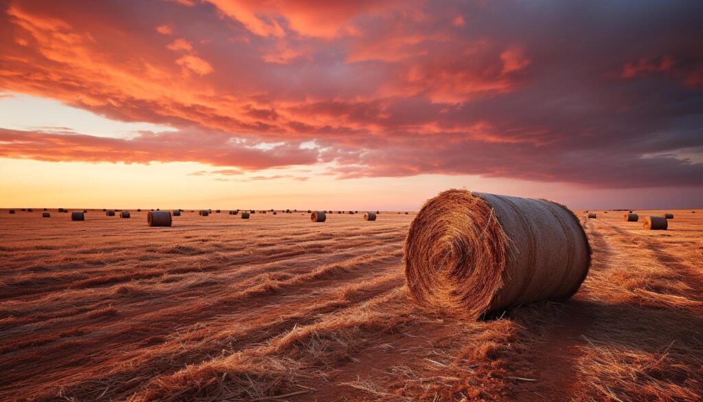 Sunset over rural farm, meadow of yellow wheat bales generated by AI Free Photo