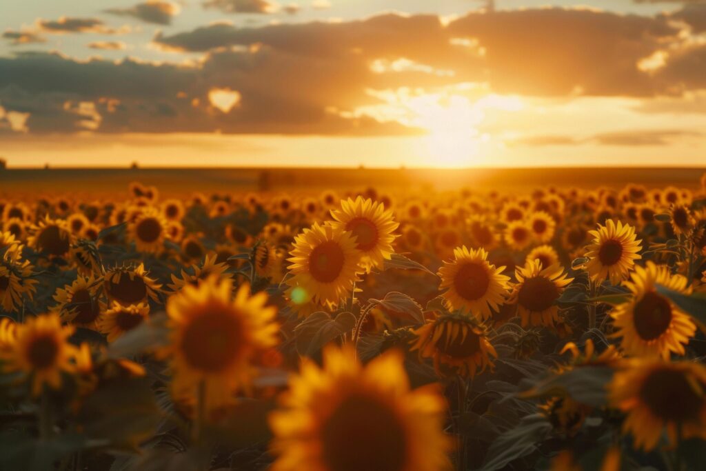 Sunset Over Sunflower Fields Free Photo