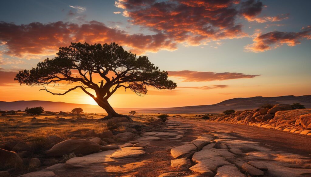 Sunset over the African savannah, a tranquil, panoramic beauty generated by AI Free Photo