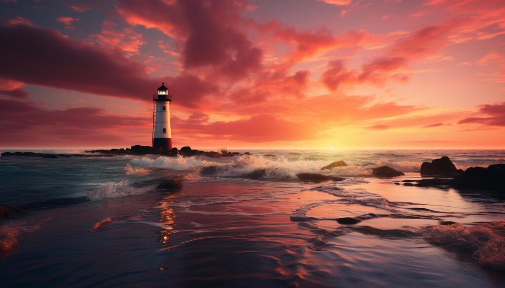 Sunset over the coastline, water reflecting the beauty of nature generated by AI Free Photo