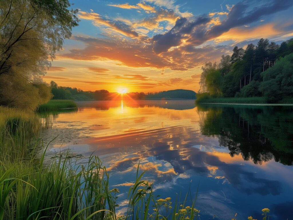 Sunset over the lake. Beautiful summer landscape. Nature composition. Free Photo