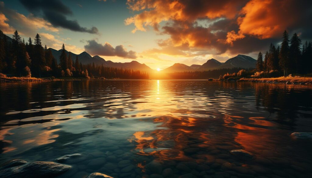 Sunset over the mountain range reflects in tranquil pond generated by AI Free Photo