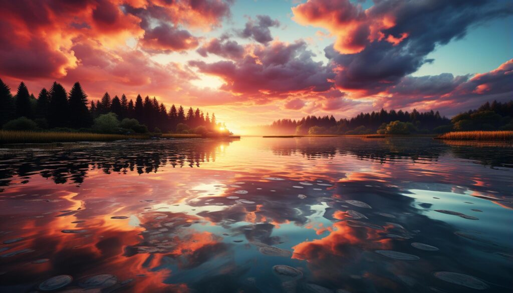 Sunset over tranquil meadow reflects vibrant colors in pond generated by AI Free Photo