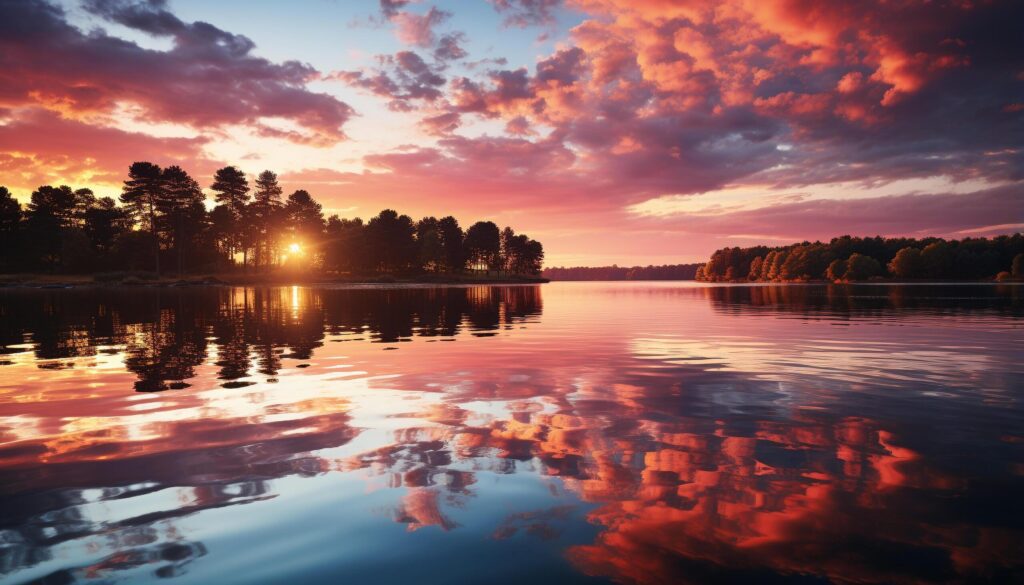 Sunset over water, nature reflection paints a tranquil scene generated by AI Free Photo