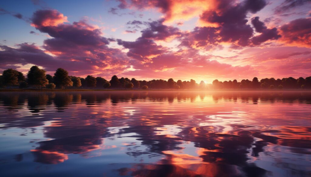 Sunset over water, nature reflection, tranquil scene, vibrant colors generated by AI Free Photo