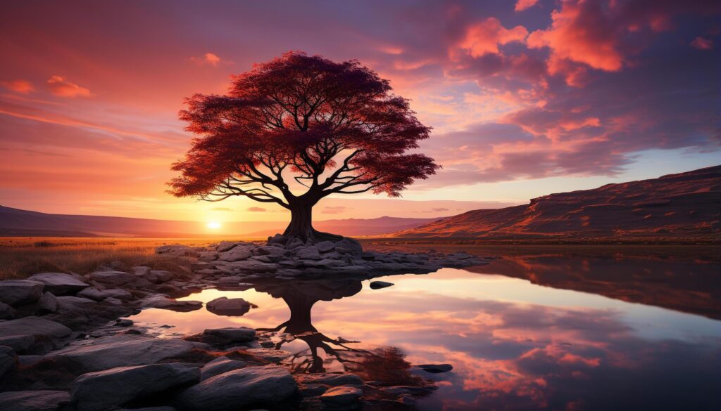 Sunset silhouette reflects on tranquil water, nature beauty generated by AI Free Photo