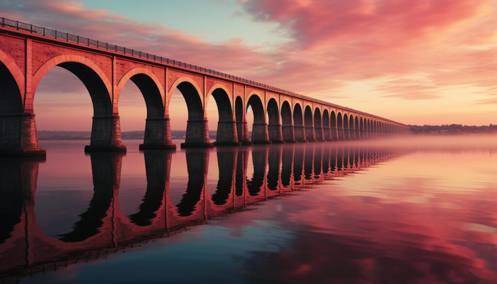 Sunset silhouette reflects on water, bridge arches in twilight generated by AI Free Photo