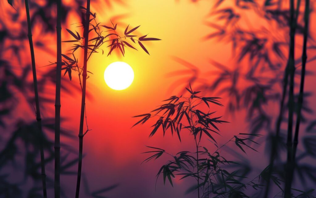 Sunset Silhouettes Through Bamboo Free Photo