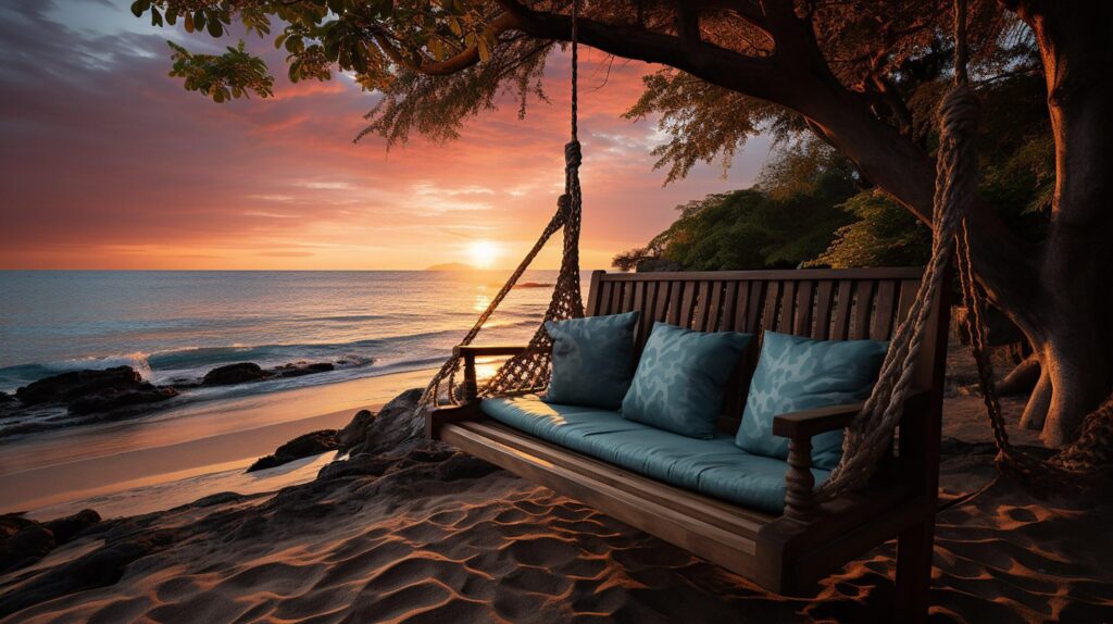 Sunset, Tropical beach paradise as summer landscape with beach swing or hammock and white sand, calm sea serene beach. Luxury beach vacation summer holiday. Free Photo