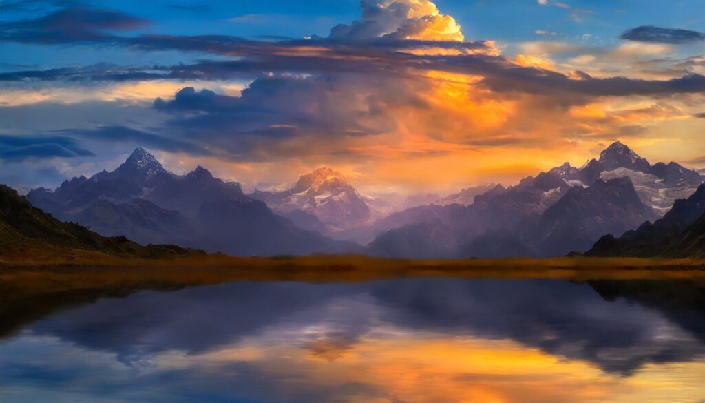 Sunset view of mountain range with dramatic cloudy sky and reflection Free Photo