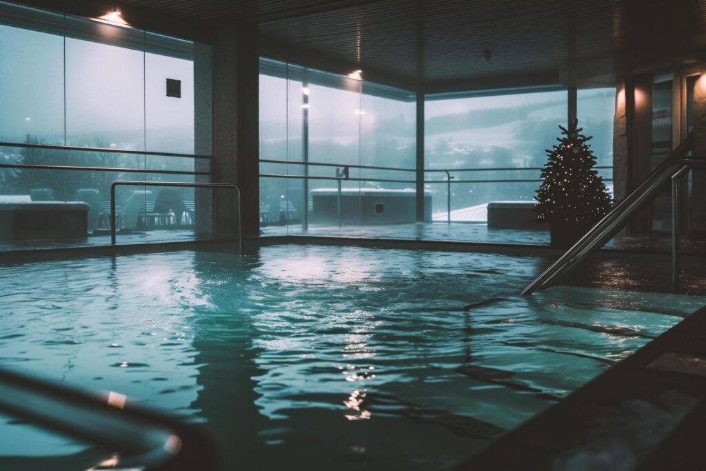 Swimming pool in a hotel with a Christmas tree in the background Free Photo