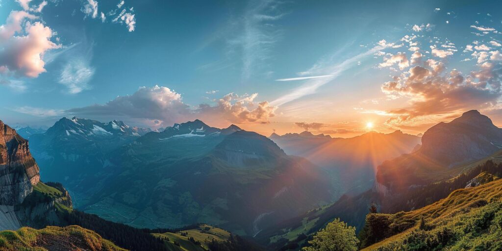 AI generated Swiss Alps snowy mountain range with valleys and meadows, countryside in Switzerland landscape. Golden hour majestic fiery sunset sky, travel destination wallpaper background Stock Free