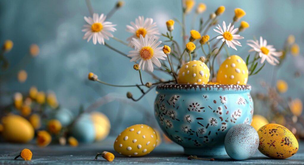 Table With Blue Bowls of Yellow and White Eggs Free Photo