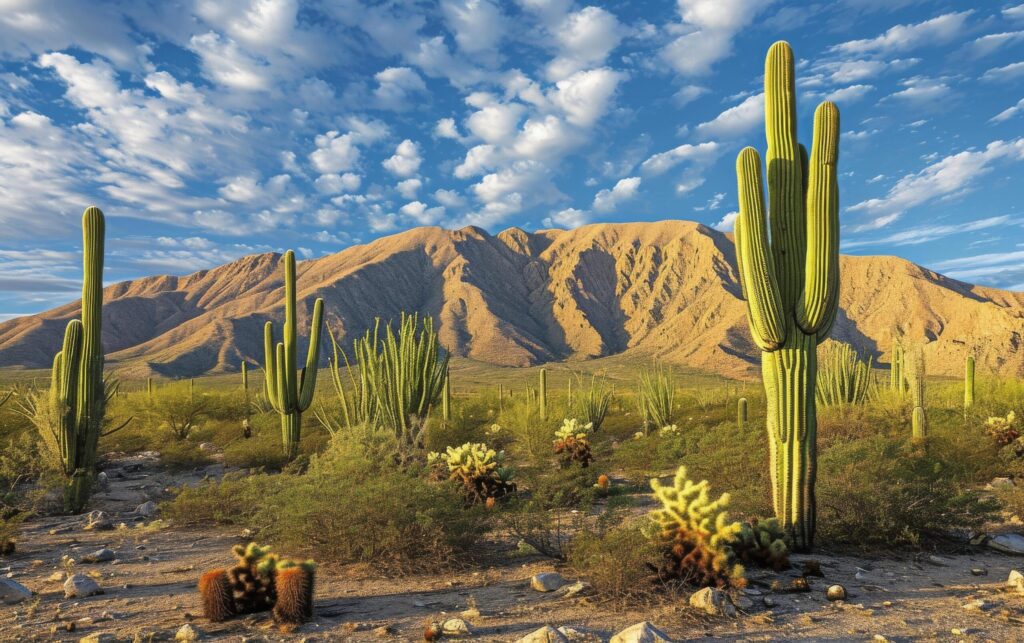 Tall saguaro cacti dominate the desert landscape with a backdrop of a mountain range at sunset Free Photo