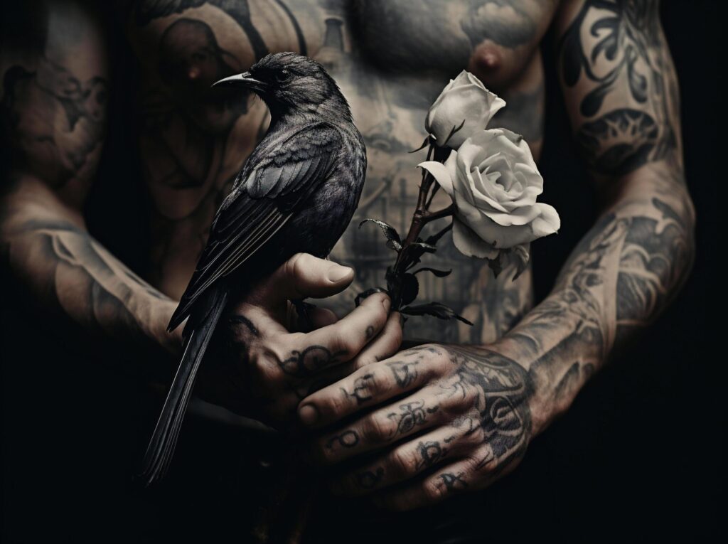 tattooed man holding a black bird and a rose Free Photo