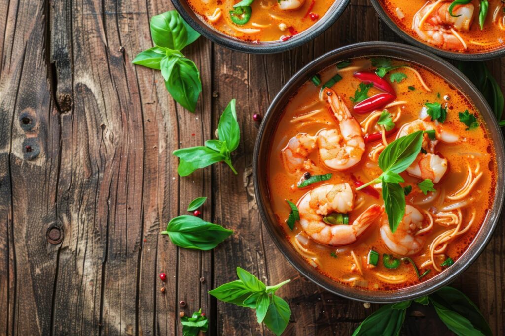 Thai Spicy Coconut shrimp soup, space for text Free Photo